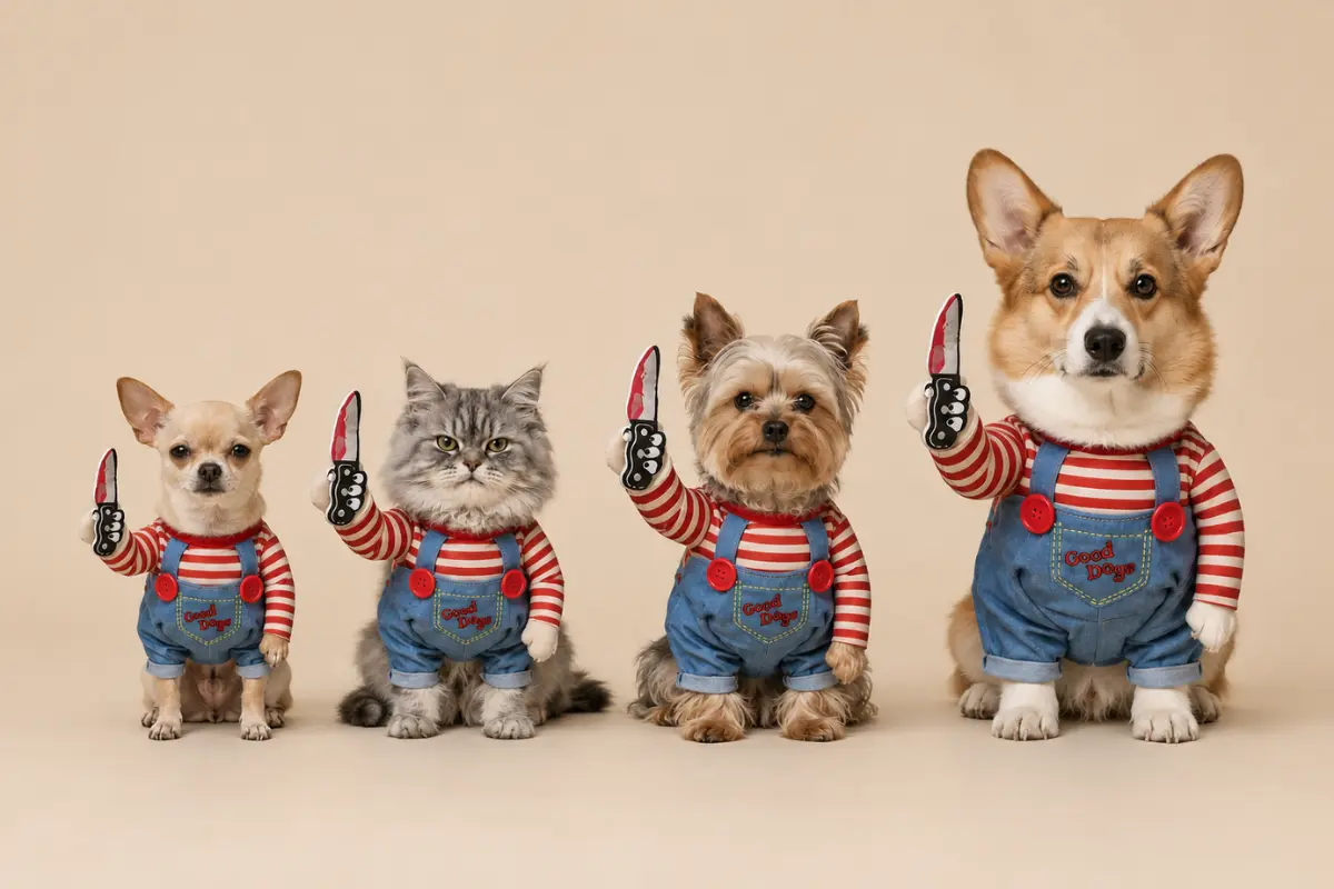 Dogs and cats wearing the Paw Republic Lil' Slasher costume in different sizes