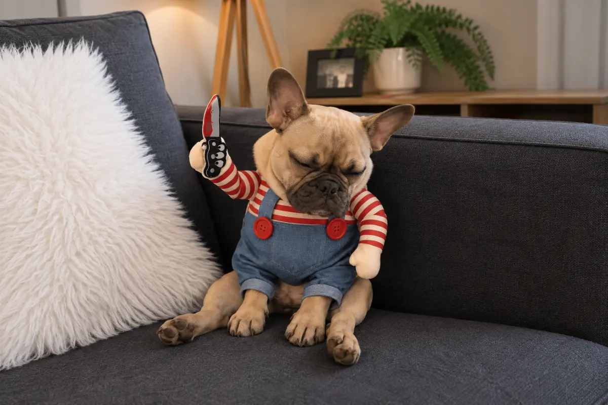 French bulldog wearing the Paw Republic Lil' Slasher costume on a sofa